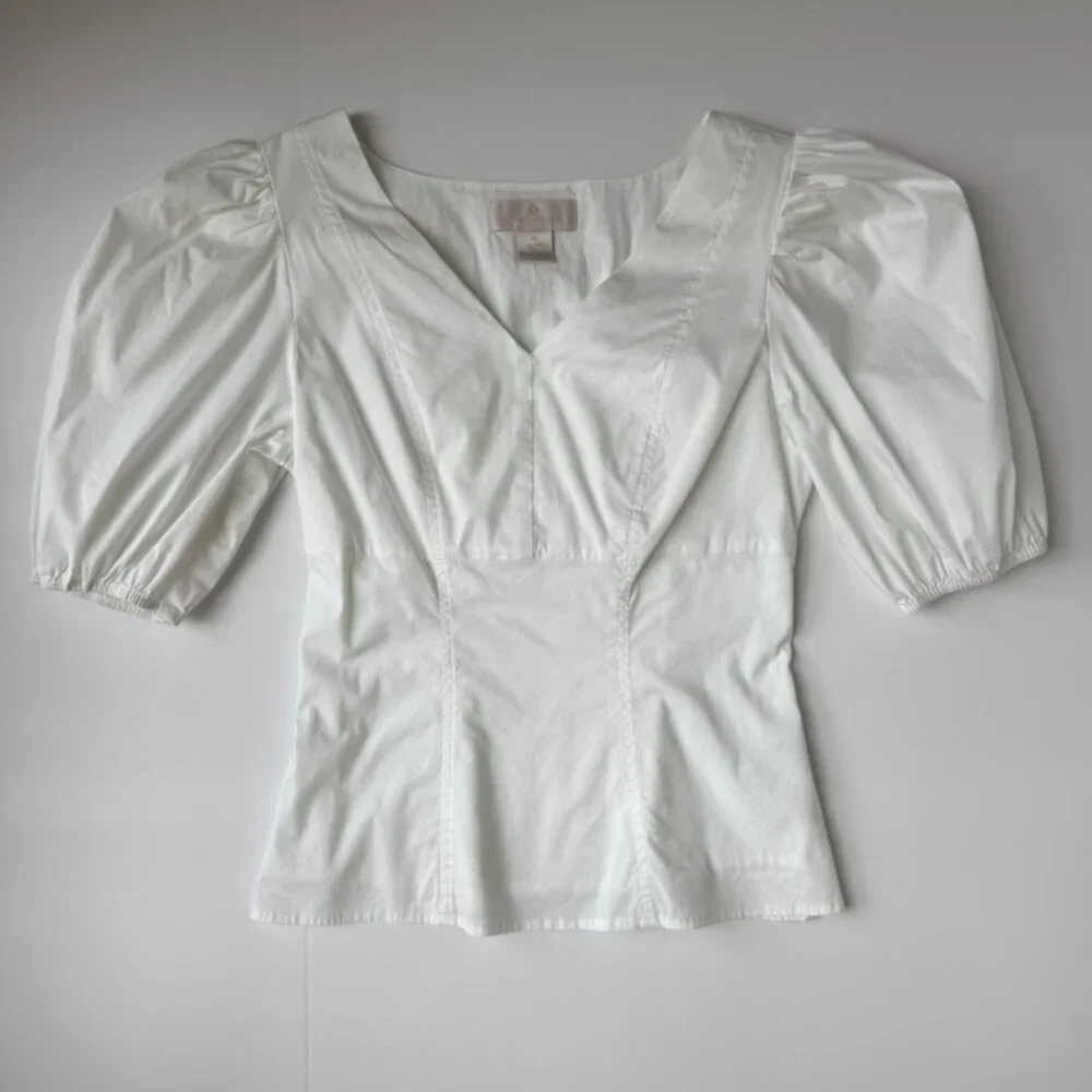 Rachel Parcell Puff Sleeve Smocked White Blouse XS | Feminine Minimalist - Picture 3 of 7